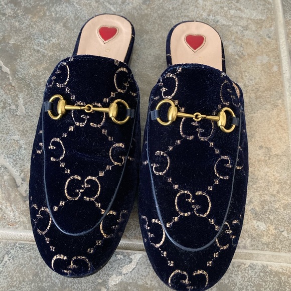 Gucci Princeton Mules Navy Velvet w Gold Horse Bit Buckle & Gucci Gold Logos 7.5 - Picture 3 of 16
